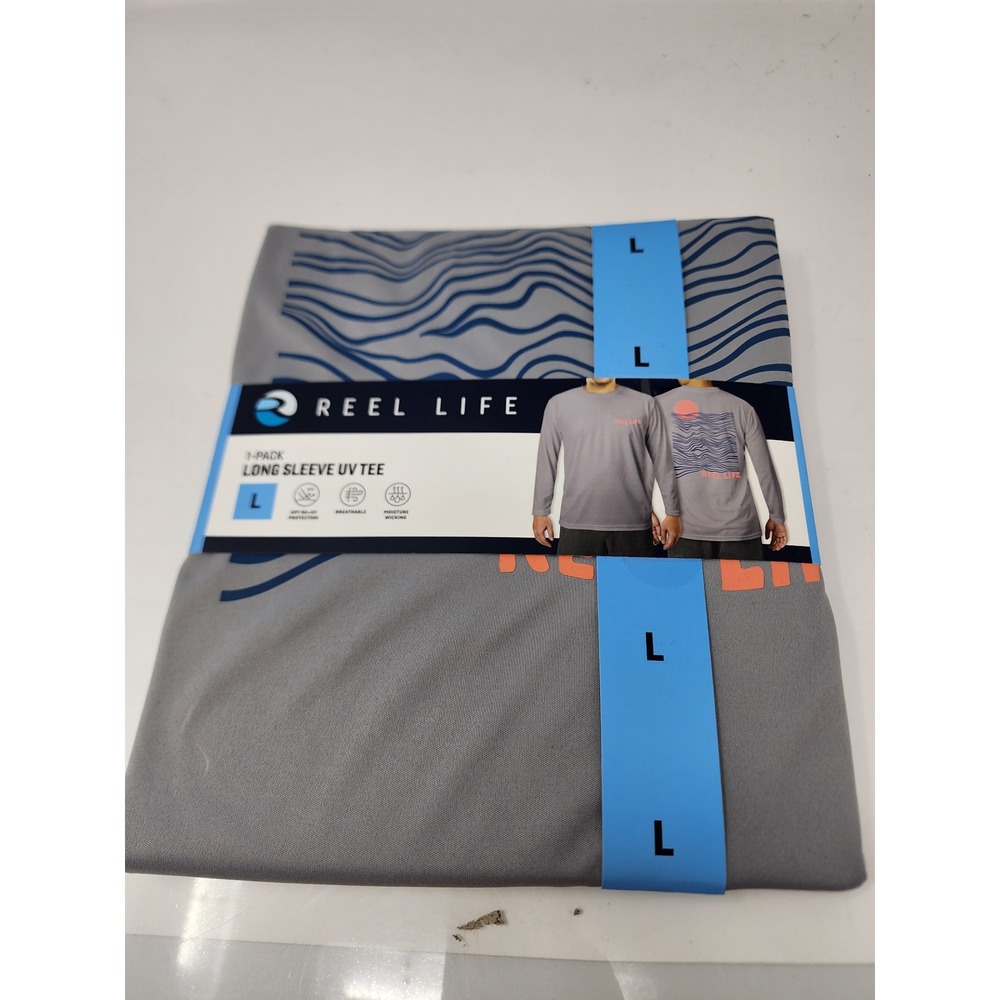 Reel Life Mens Graphic Long Sleeve UV Tee Gray Polyester Athletic Size Large